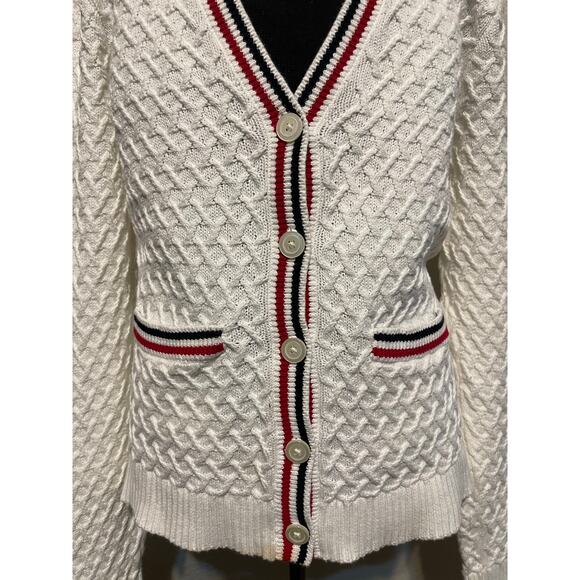 Brooks Brothers Red Fleece Cardigan Women's Medium Cream Red White & Blue - Picture 2 of 12